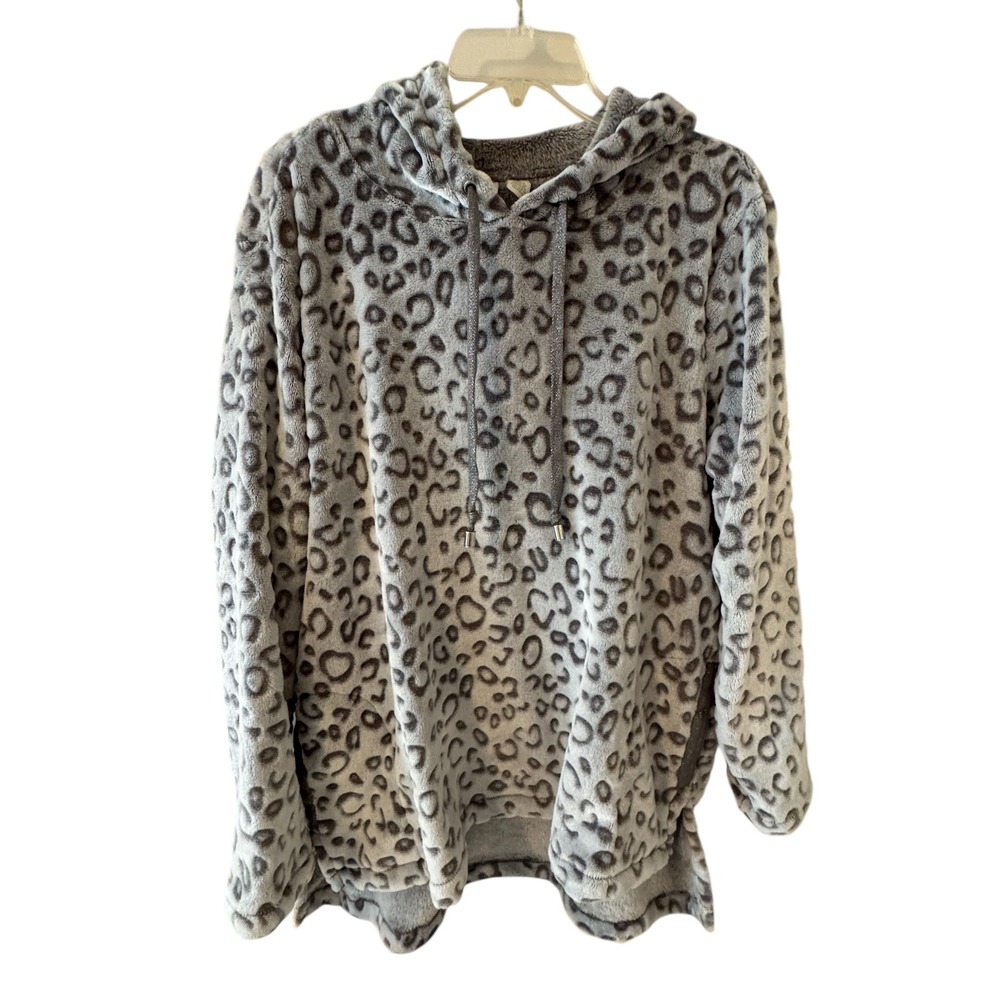 Zenergy by Chicos Womens Grey Leopard Print Plush Fleece Hoodie Size 2 L/XL